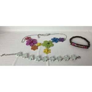Hawaiian‎ Necklace FLORAL 12" HOOK SILVERTONE PASTELS W/Two Extra Bracelets